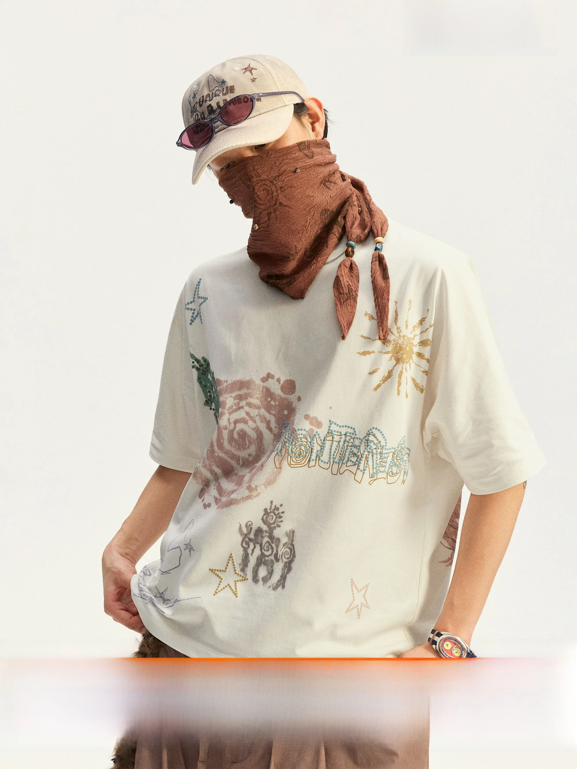 

Monterest Year Limited Edition Retro Stitching Street Graffiti Print Short Sleeve T-Shirt Breathable Cotton Youthful Vi...