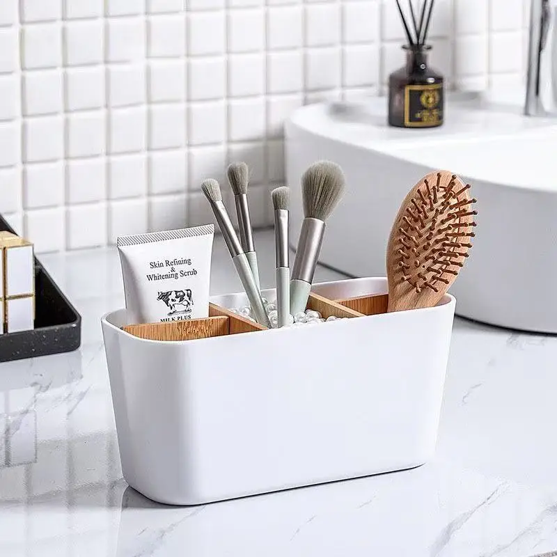 Bamboo desktop drawer storage box (5 compartments+pen holder) - multifunctional desktop organizer suitable for offices, bathroom