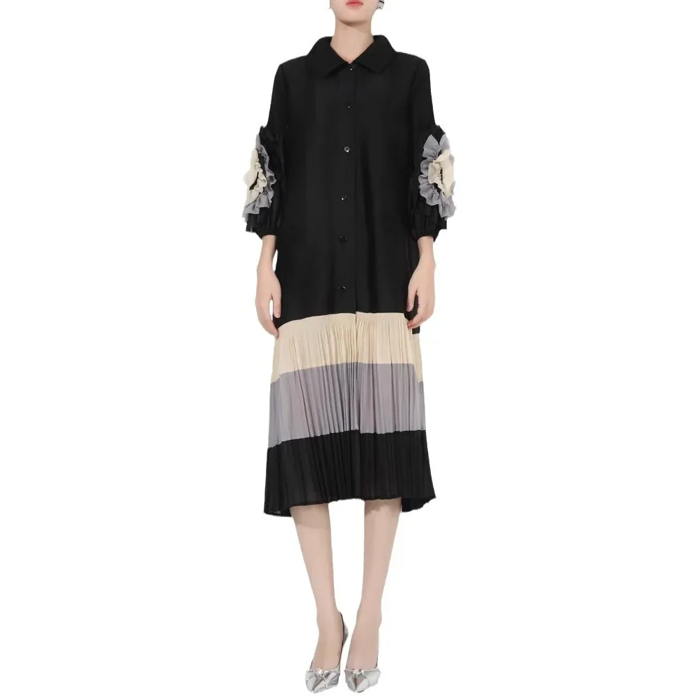 Miyake Pleated Elegant Loose Plus Size Dress New Fashion Temperament Color Matching Plate Lapel Buttoned Stretch Pleated Skirt