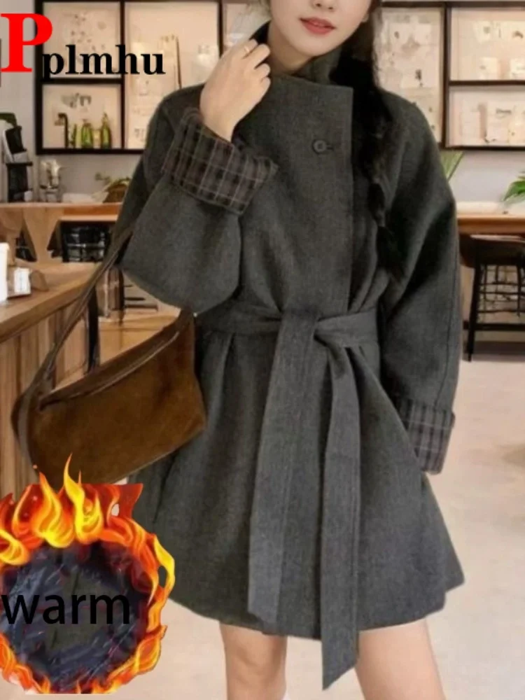 

Contrasting Color Plaid Splicing Woolen Abrigos Baggy Fashion Lapel Casaco Chaquetas Women's Casual Thickened Warm Overcoat
