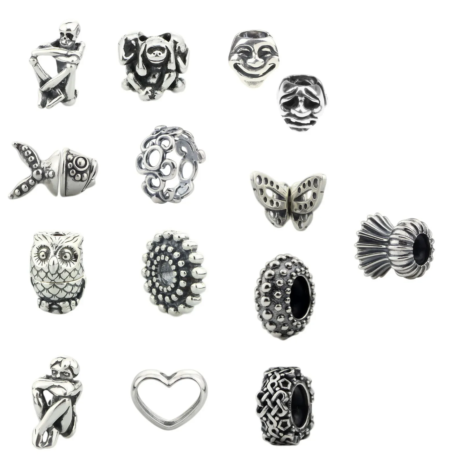 Real 925 Sterling Silver Beads Butterfly Skull Owl Conch Fish Charm Spacer Fit European Troll 3.0mm Bracelet Jewelry Original