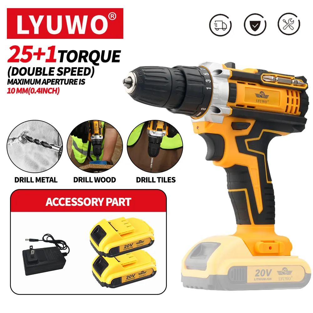 LYUWO 20V 0.8-10mm Cordless Drill Lithium Battery Rechargeable Multifunctional Drill, Dual Speed Power Tool With Two Drill Bits