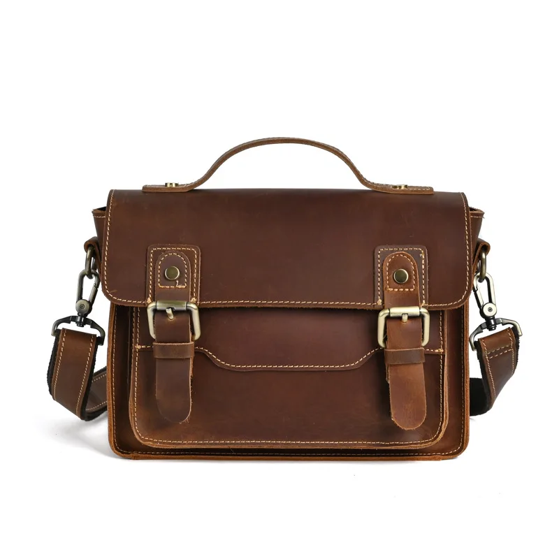 

Messenger Bag Genuine Leather Adjustable Shoulder Strap Buckle Closure Vintage Cowhide Ccrossbody Purse Men Single Shoulder Bags