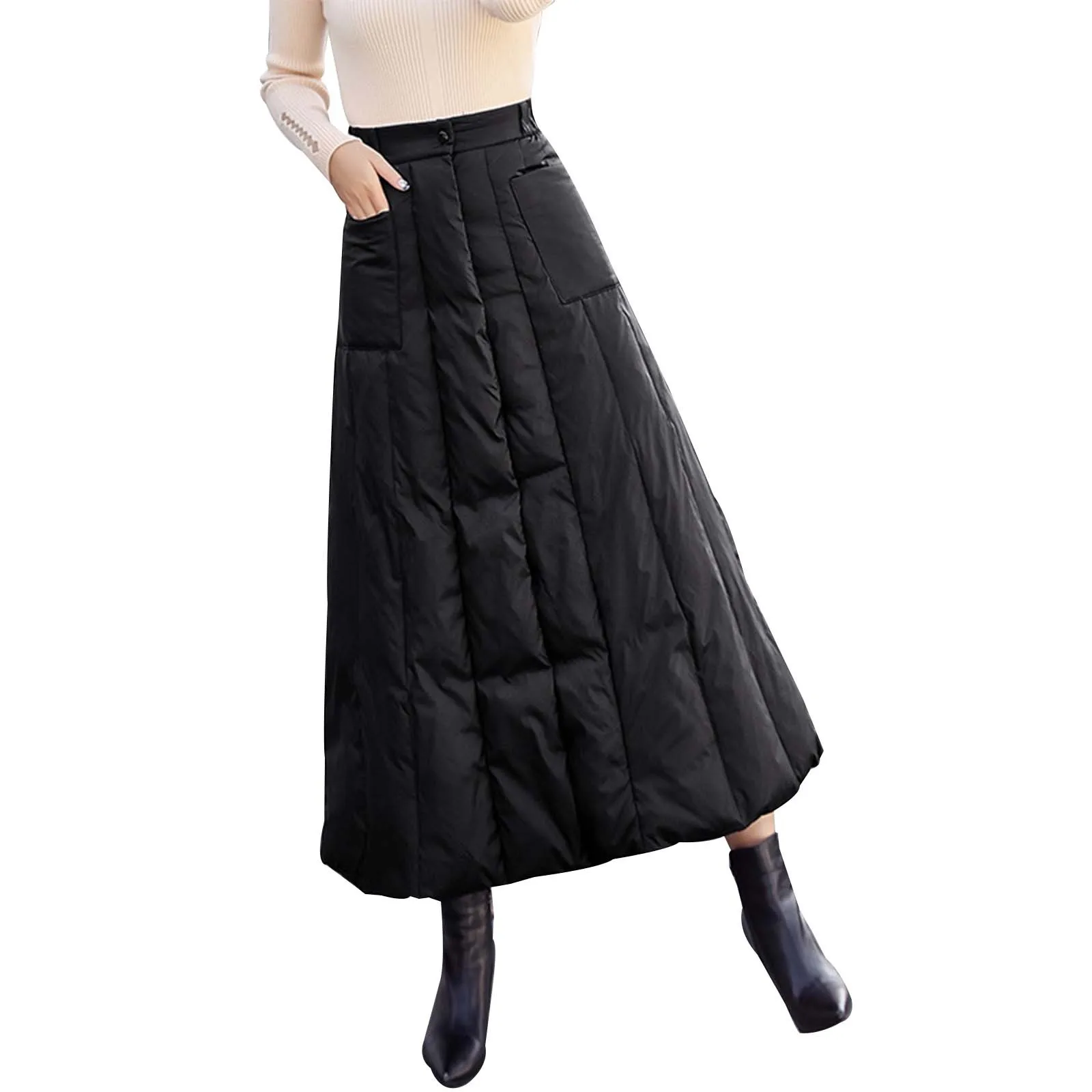 

Winter Women's Cotton Down Skirt High Waist Casual Long Skirt for Women Thick Warm Female Padded Black Skirts