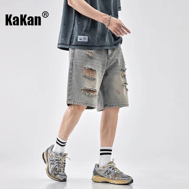 Kakan - New Summer Vintage Quarter Denim Shorts, Jeans, Men's Wear, Loose Fitting, Light Casual and Versatile Long Jeans K03-008