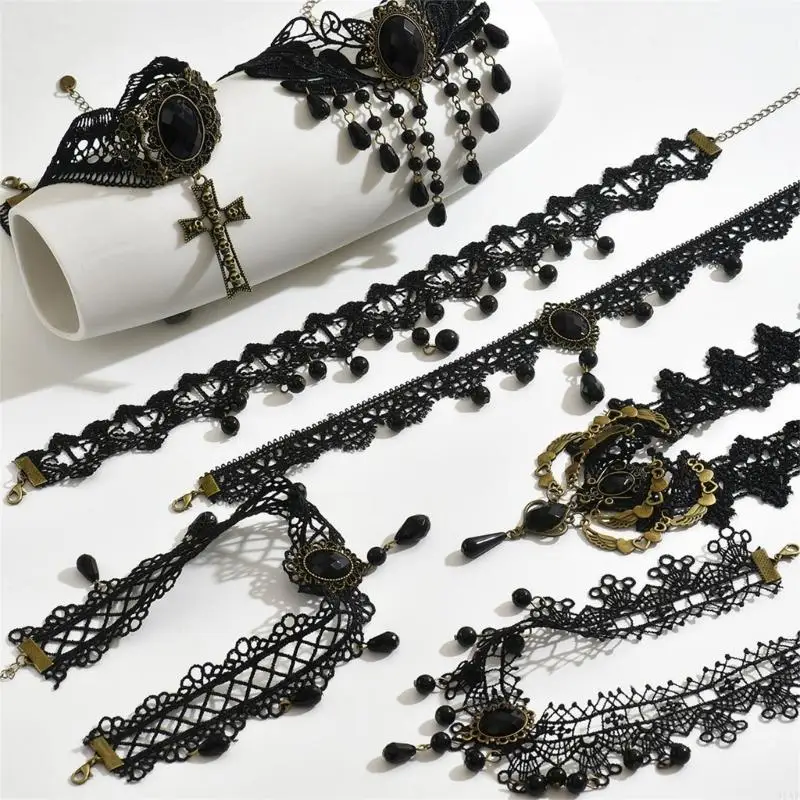 91AF Handcrafted Gothic Lace Necklace Featuring Intricate For Exquisite Dark Elegant Look Any Occasion