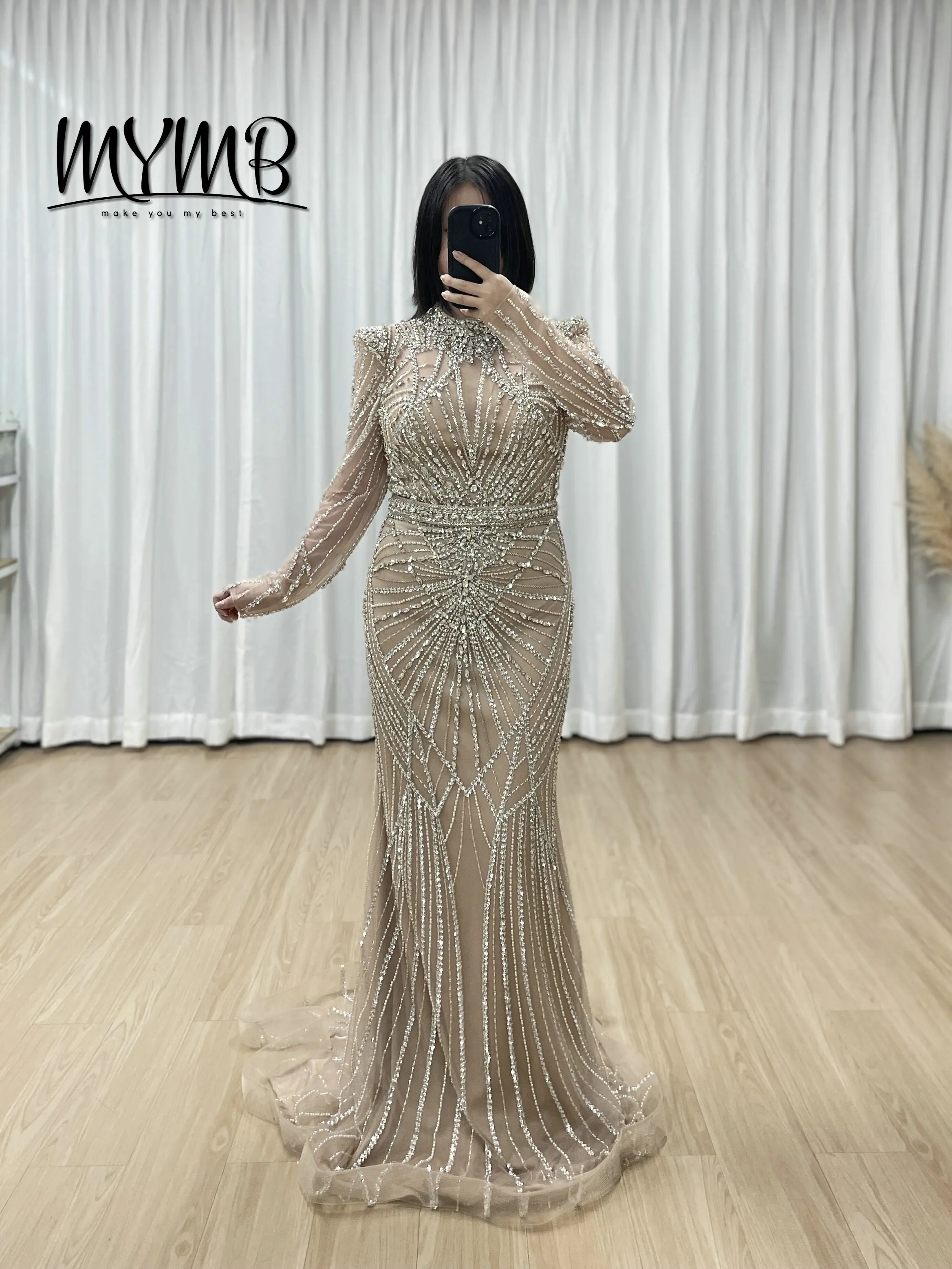 

MYMB Элегантные роскошные вечерние платья русалки с длинными рукавами, расшитые бисером и блестками, 2026, вечерние платья с винной карамелью для женщин MC20107