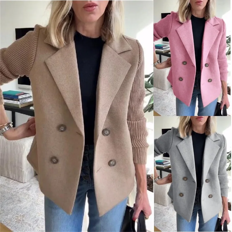 

2025 Spring New European and American Women's Clothing Fashion Temperament Woolen Splicing Coat