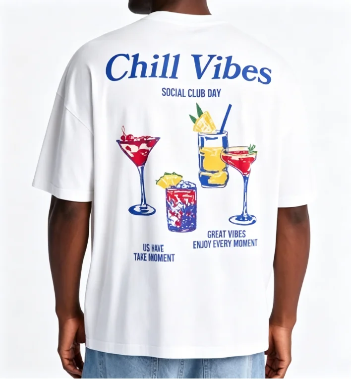 2026 New Y2K Family Matching Unisex Oversized T Shirt Chill Vibes Cocktail Drink Art Back Print White Streetwear Tops