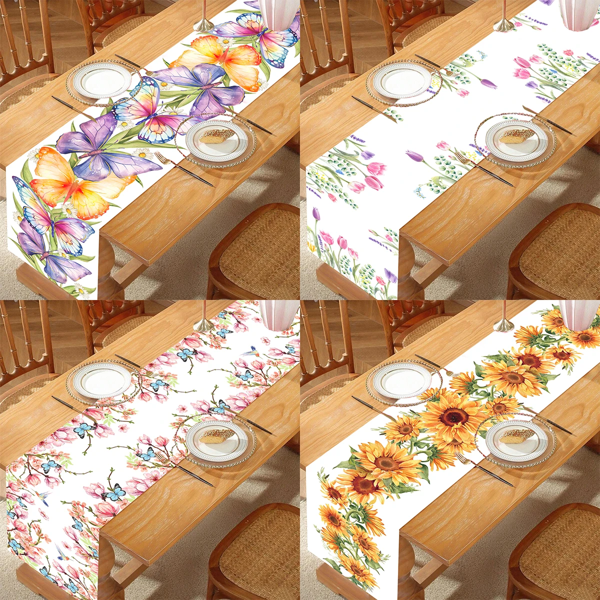 Spring Butterfly Daisy Sunflower Table Runner Washable Polyester Home Party Decoration Dining Table Party Accessories Decor