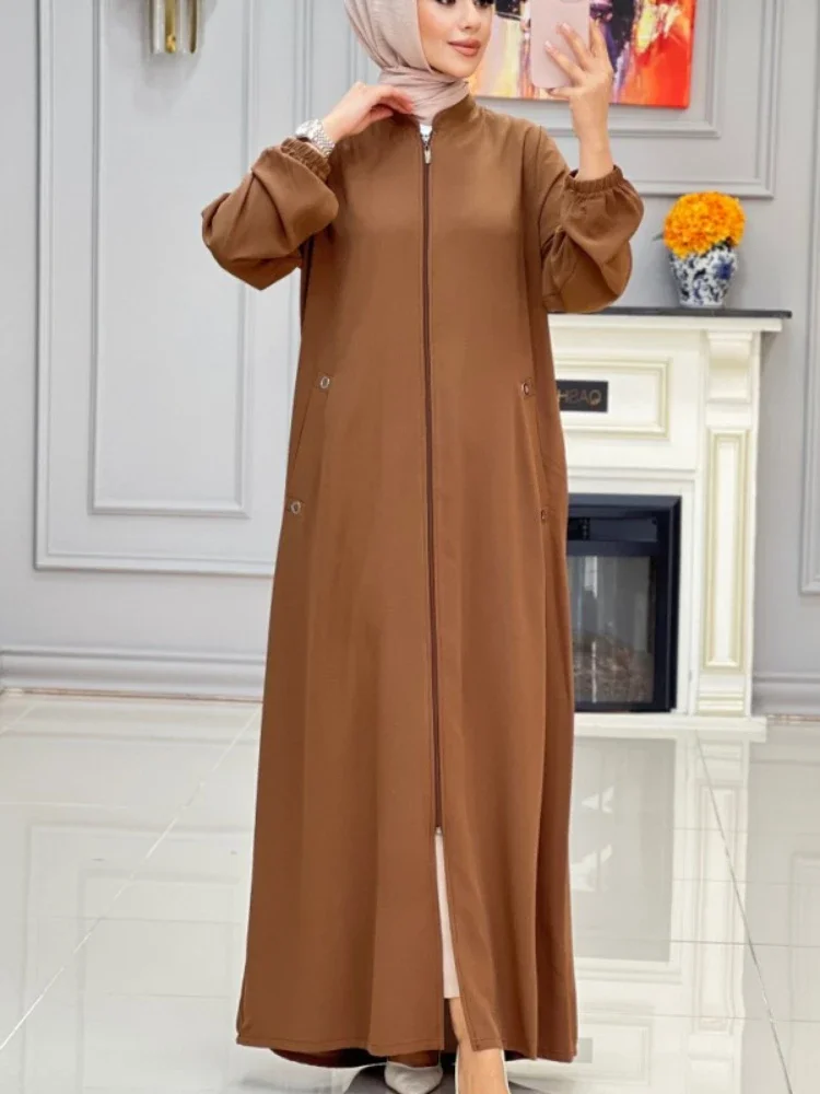 Eid Muslim Party Dress for Women Stand Collar Ramadan Abaya Long Dress Zipper Up Pocket Vestidos Largos Dubai Robe Jalabiya 2024