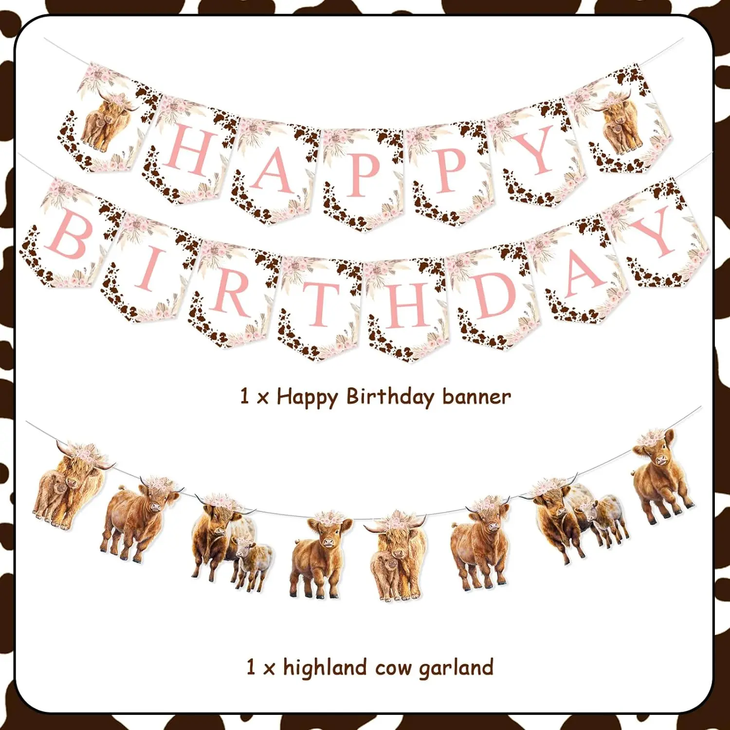 Banner feliz aniversário para aniversário, Boho Retro Floral Guirlanda, gado Santo Vaca, Farm Animal Decor, Birthday Party