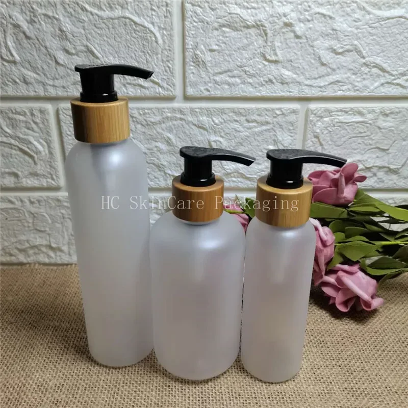 

shampoo bottles wholesale selling transparent frosted plastic bottle with bamboo lid empty cosmetic containers bulk bottle