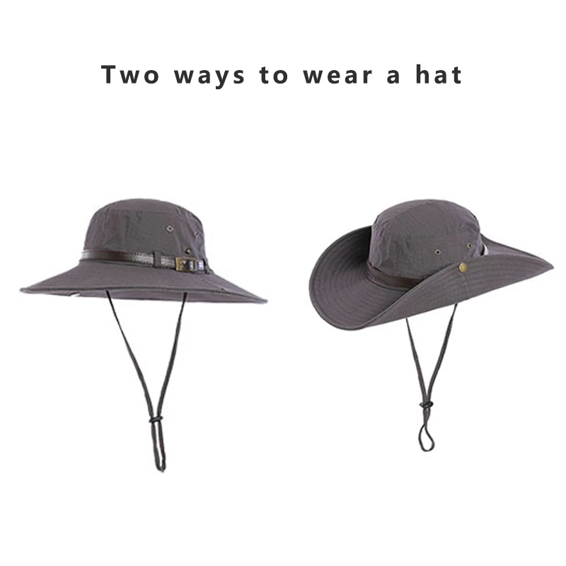 Summer Men Bucket Hat Belt Decorate Breathable 9cm Large Brim Sun Hat Outdoor Sport Hiking Fishing Cap Anti-UV Male Panama Caps