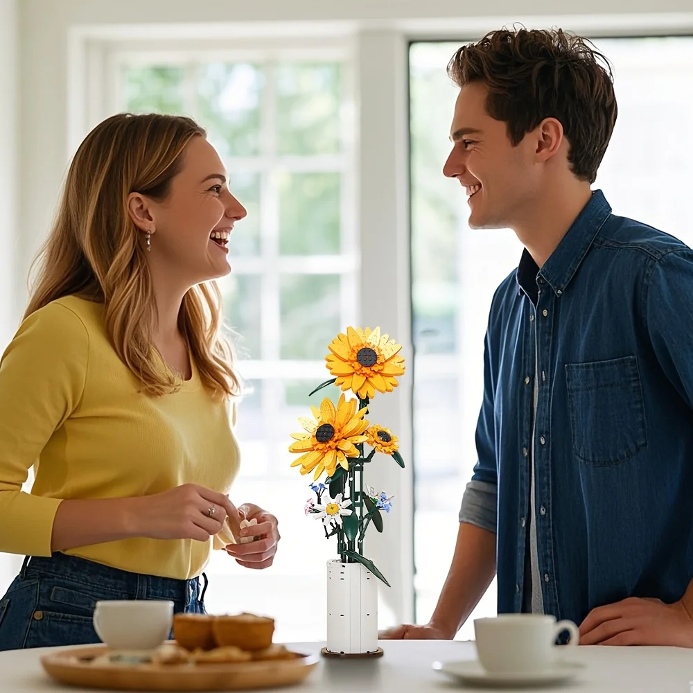 مجموعة مكعبات بناء عباد الشمس مع مزهرية، إضافة لونًا إلى منزلك، هدية عيد ميلاد، هدية العيد