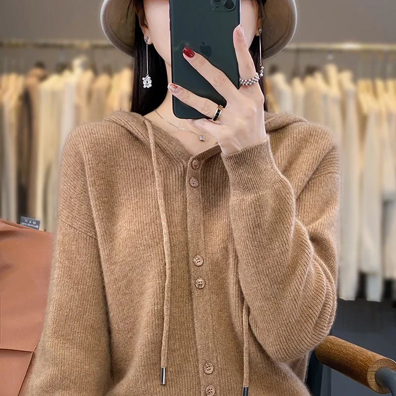 2023 New Autumn winter Cashmere hooded Cardigan Women  thickened Cashmere Hoodie Cardigan Women Loose Hooded Knitted  Coat