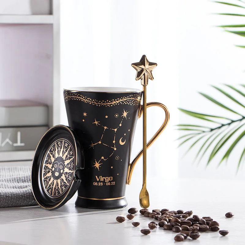 Twelve Zodiac Ceramic Mug with Lid Spoon,Matte Black Tea Cup, High-end Coffee Mugs,Christmas and Birthday Gift Couple Water Cups