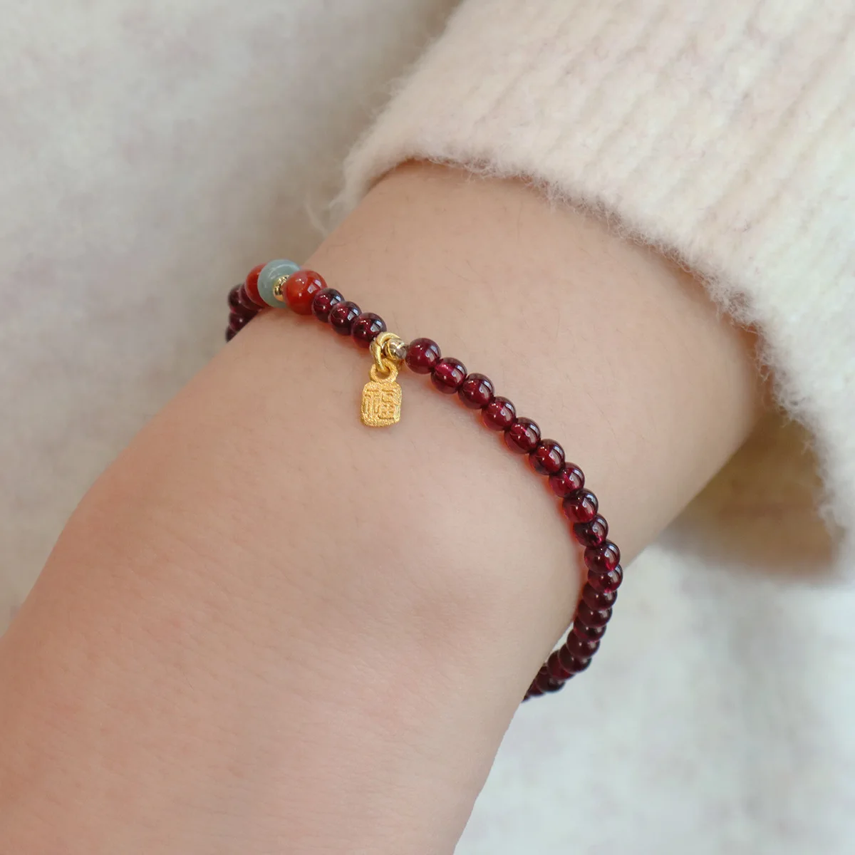 Genuine 3MM Garnet Bracelet with Aqua Jade & Agate, Gold Plated Stackable Beaded Bracelets for Women, Healing Crystal Gift 1420