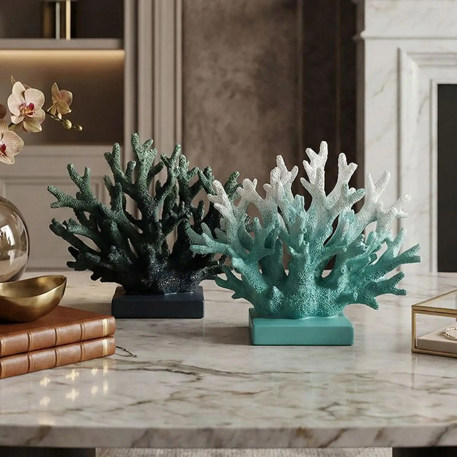 Realistic Coral Resin Statue Sea Themed Coastal Home Decor for Living Room Entrance, Nautical Wine Cabinet Courtyard Decor