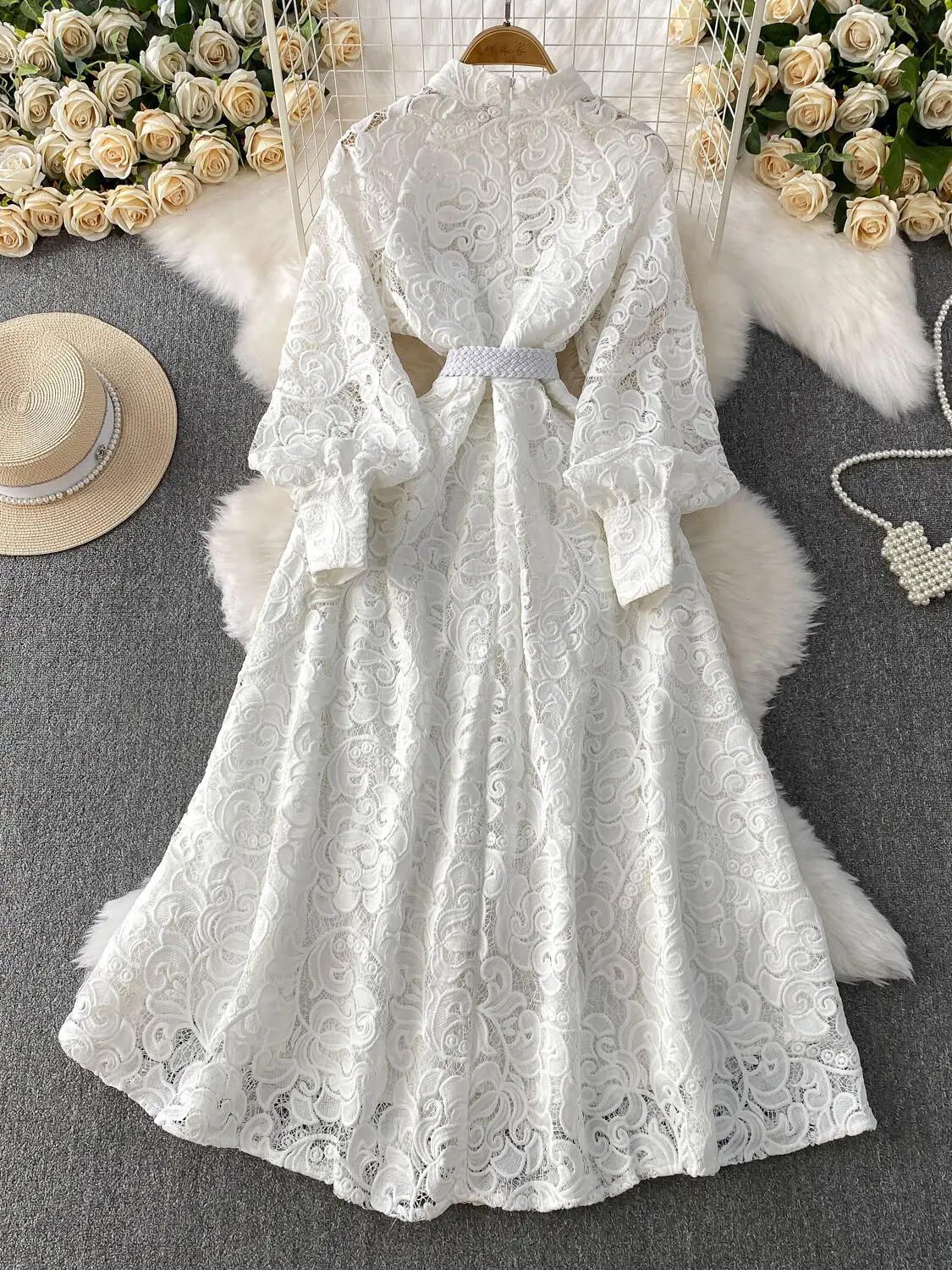 Embroidered Formal Luxury Lace Evening Dress Women Stand Collar Single-Breasted Pearl Lantern Long Sleeve Prom Party Dresses