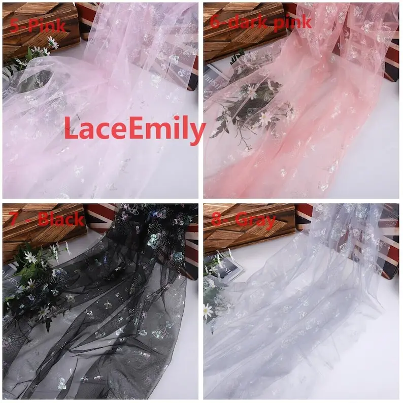 Colorful Butterfly Print Lace Fabric Butterfly Soft Mesh Tulle Fabric for Girl Dress, Bridal Dress Wedding dress，Princess dress