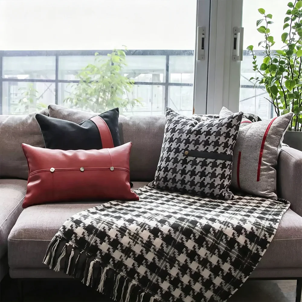 RUIYI Houndstooth Sofa Cushion Covers Black White Plaid Decorative Pillow Cases with Leather Strap and Gold Button