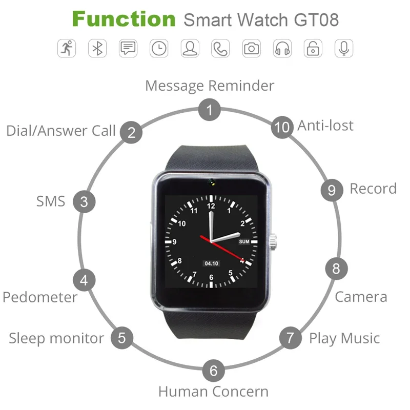 Smart Watches GT08 Clock Sync Notifier Support Sim TF Card Bluetooth Connectivity Android Phone Clock Camera Sports Smartwatch