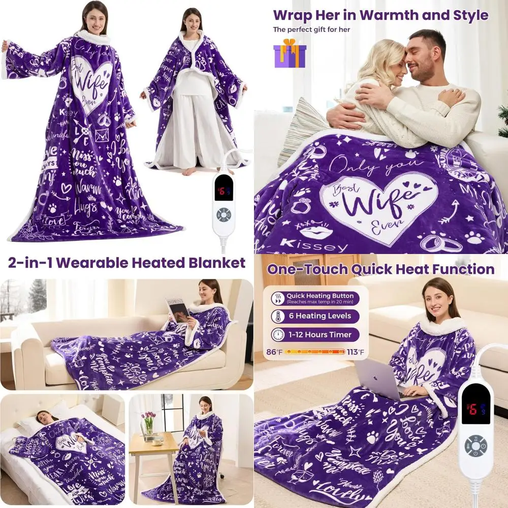 Plüsch-Heizdecke mit Ärmeln für Frauen, perfektes Geschenk für die Frau, 3-teilig beheizter Überwurf, lila Mama-Robe mit Timer, ETL Ce