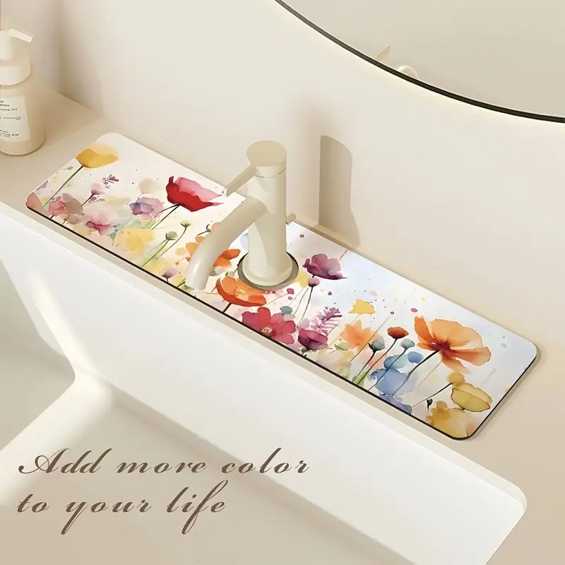 VIKAMA Watercolor Poppy Flower Diatomite Sink Tap Mat Super Absorbent Non Slip Bathroom Faucet Water Draining Pad