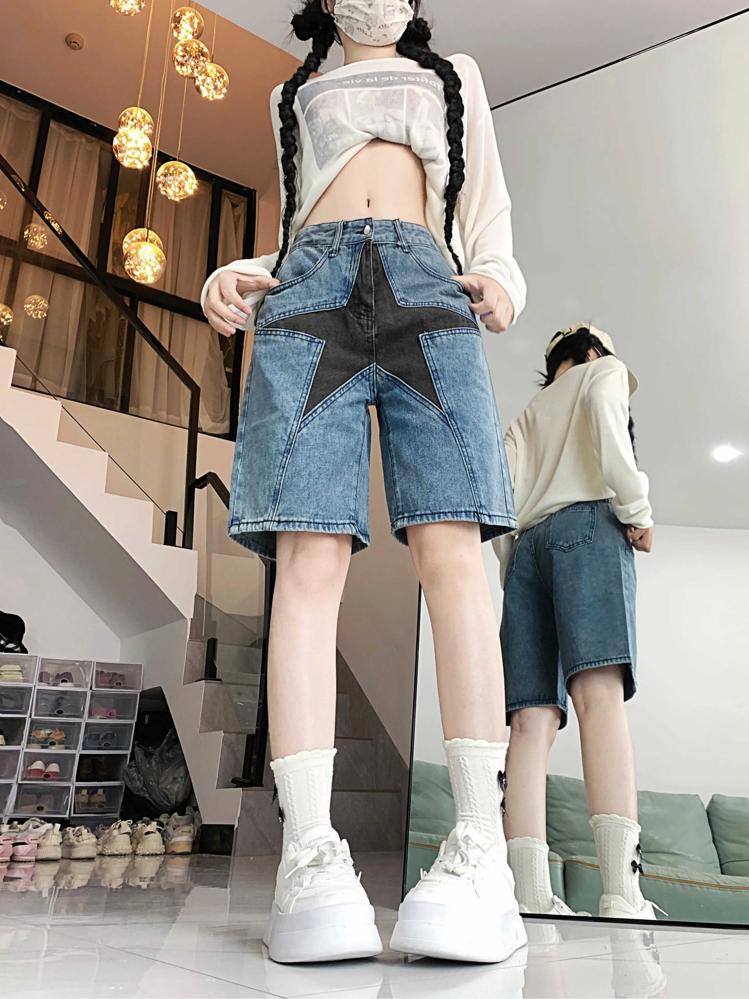 2024 Spring/Autumn American workwear style, street high waisted fabric jeans, casual straight leg five quarter pants for women