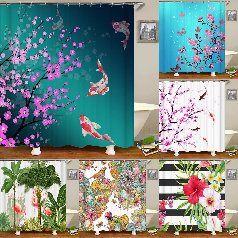 

Beautiful plum bossom flower birds printing shower curtain polyester waterproof curtain with hooks door curtain home decoration