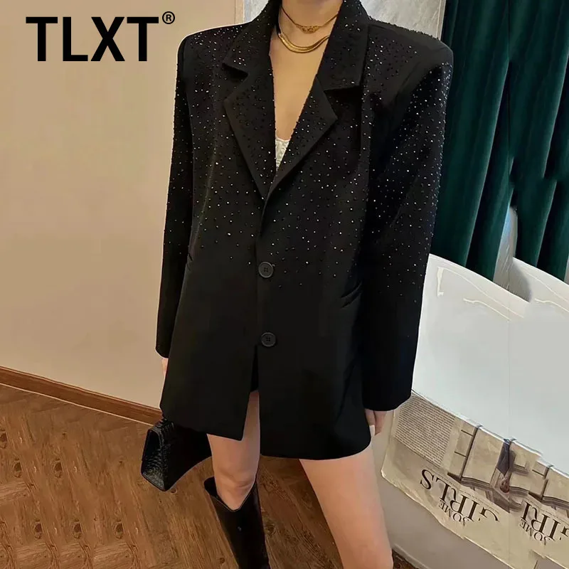 

TLXT модный женский пиджак с бриллиантами для тяжелой промышленности, свободный однобортный пиджак с зубчатым воротником и длинными рукавами, новый XK1453