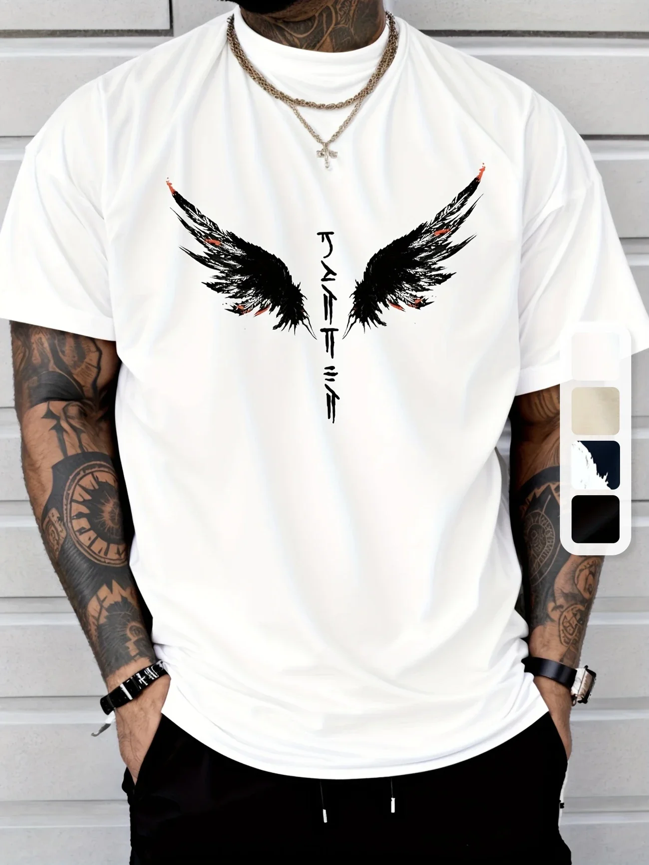 Summer New T-shirt Men's Angel Wings Japanese Two tone Printed Sports and Leisure Versatile Short Sleeve Cool T-shirt