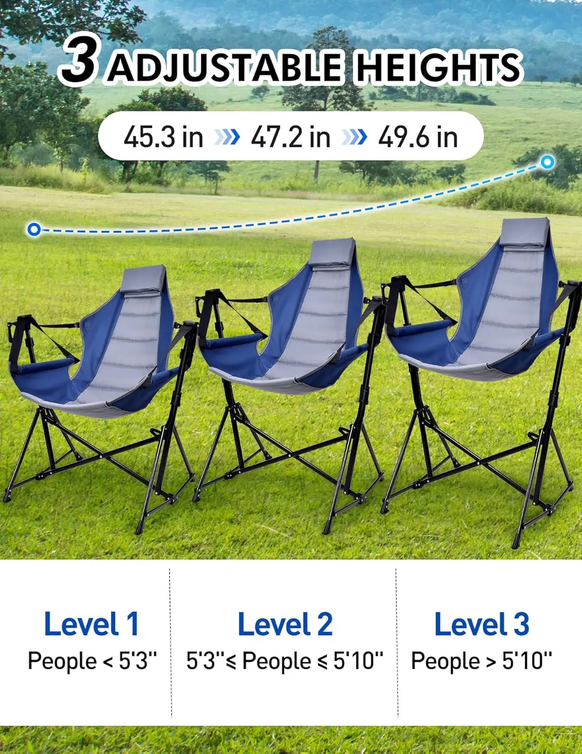 Camping Chair - 3 Heights Portable Swinging Hammock Chair with Adjustable Backrest, Headrest, Padded Seat, Cup Holder