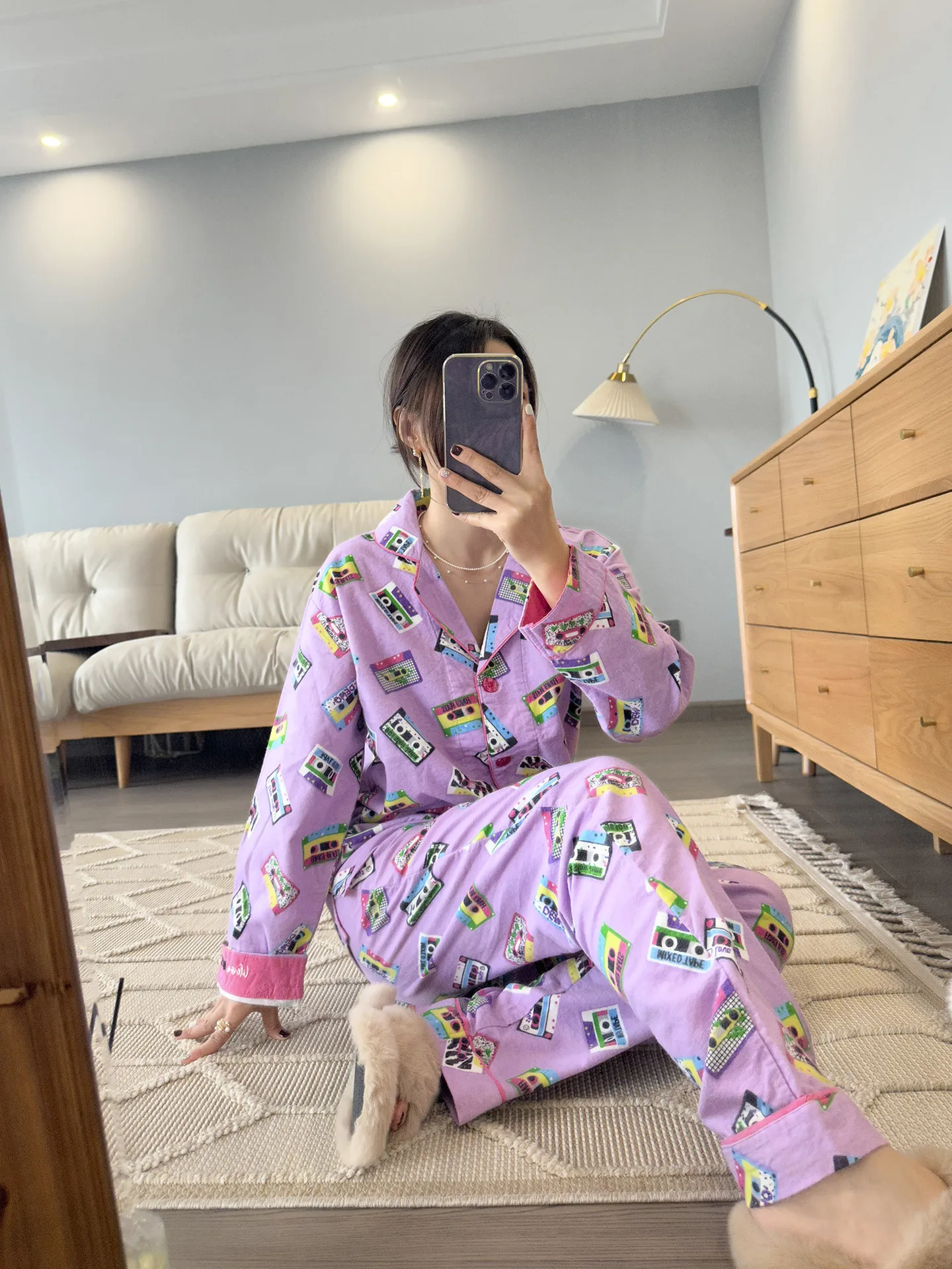 Damen Niedlicher Cartoon-Druck 100% Baumwolle Gebürstetes Pyjama-Set Frühling Herbst Langarm-Oberteil Lange Hose 2-teilig Loungewear Homewear – Detail 28