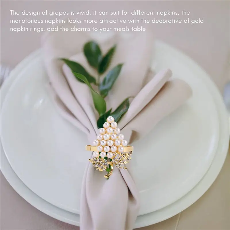 A13M Grapes Napkin Rings Set of 6, with Glittering Imitation and Inlay Alloy Napkin Ring Holder