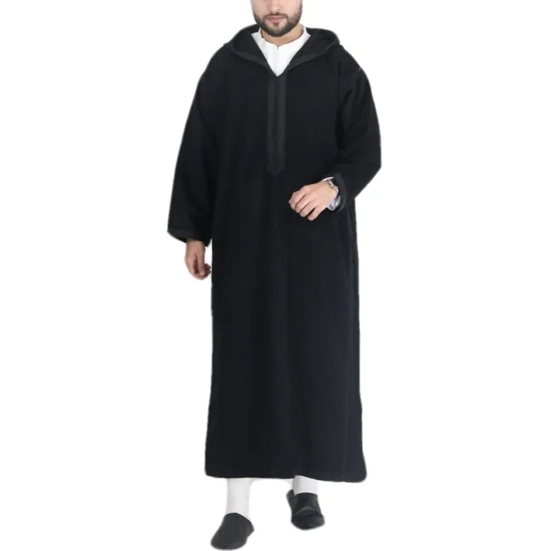 Arab Men Hooded Black Robe Ramadan Eid Muslim Dress Jubba Thobe Islamic Kaftan Dubai Abaya Turkish Clothing Middle East Ethnic