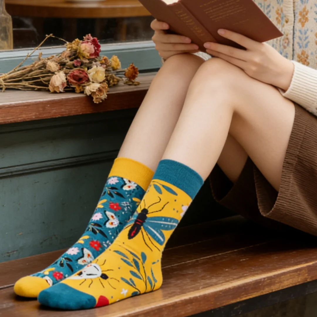 1 pair of women’s socks with an asymmetrical butterfly and flower print, size 35–40