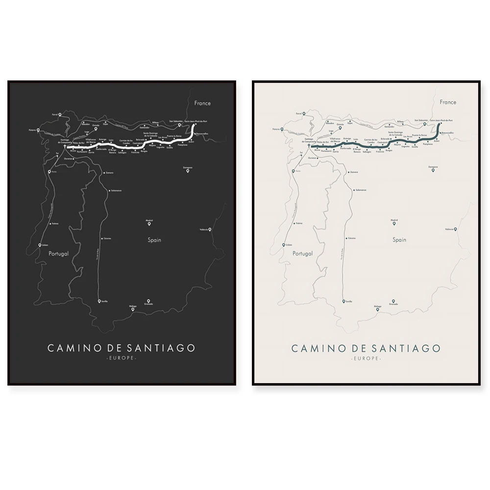 Mapa del rastro de Camino de Santiago | Mapa de senderos de senderismo Camino | Póster de Camino de Santiago | Santiago de Compostela | Arte del mapa del rastro