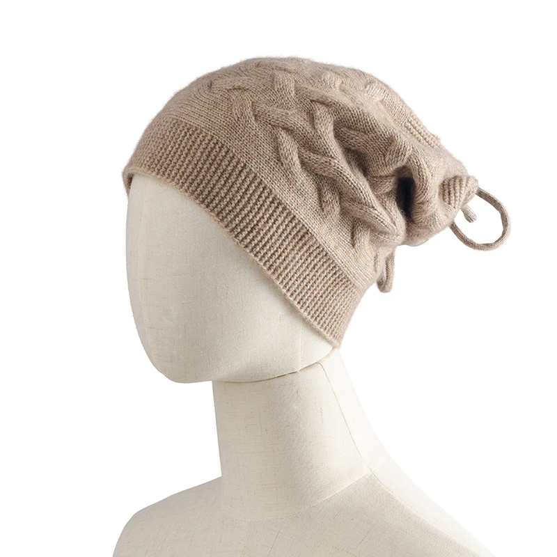 

Женская однотонная вязаная шапка из 100% кашемира с завязками и полым верхом с витым цветком, зимний толстый теплый шарф/шапка для двух целей