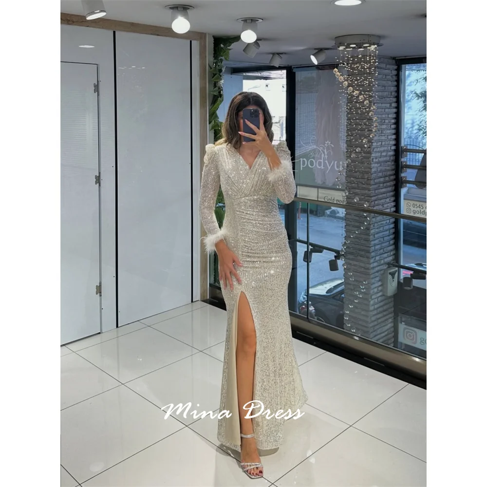 

Mina Customized Sequins Luxurious Women's Evening Dresses for Special Occasions V-link Feather Long Sleeve Slit Party Dress Prom