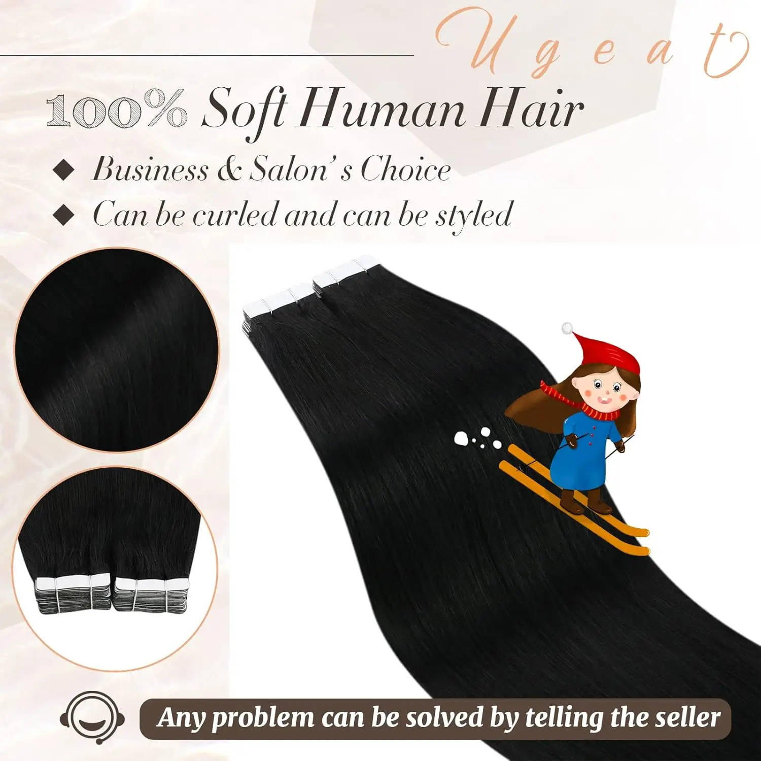 Ugeat Tape in Hair Extensions Human Hair Black Girl Tape in Human Hair Extensions Jet Black Seamless Invisible Hair Extensions