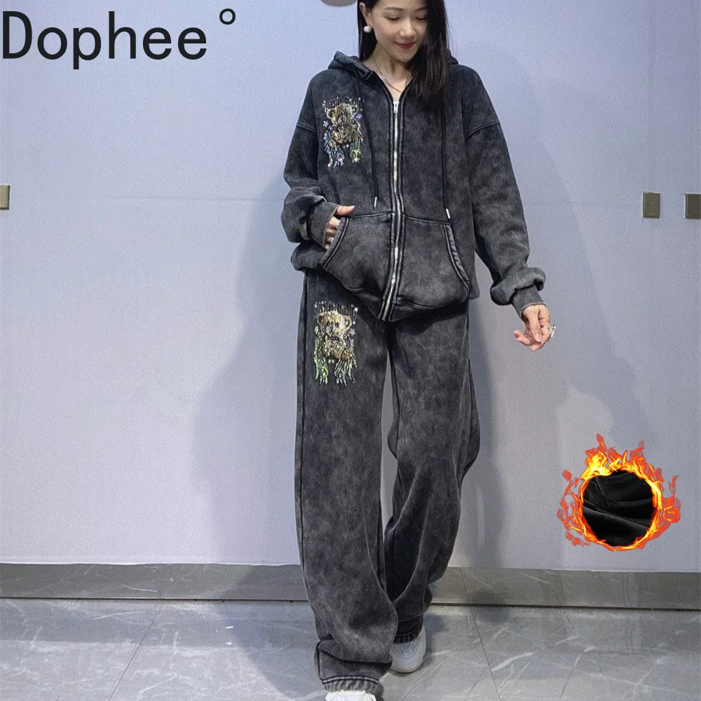 

Thicken Fleece Hoodie Set Women New Winter Shiny Bears Diamonds Hooded Long Sleeve Cardigans Coat Wide Leg Straight Sweat Pants