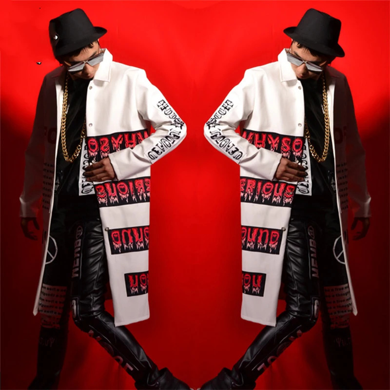 Fashion Men Hip Hop Cardigan Jacket White Jazz Blazer Male Long Trench Coat Overcoat Stage Singer Dancer Clothing DT1124