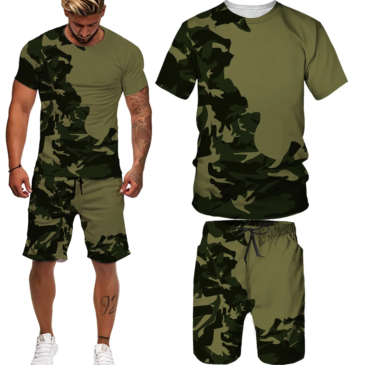 Summer Sports Suits For Men Set Camouflage 3D Printed Outdoor Casual Jogging Suits T Shirts +Shorts 2 Piece Outfits Man Clothing