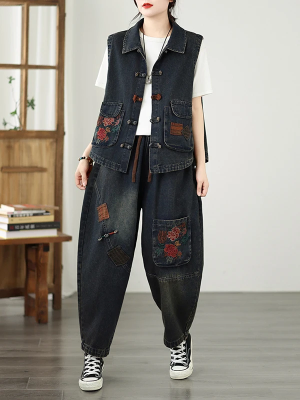 

Spring Vintage Embroidered Button Denim Chinese Style Shoulder Pad Vest Harlan Jeans Two Piece Set Women's Fashion Ensemble