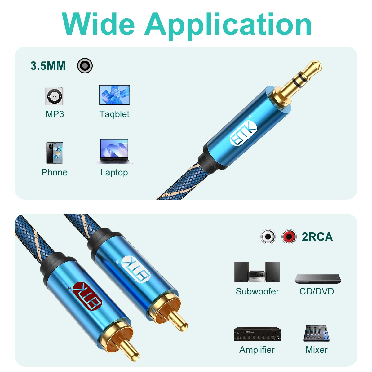 Kabel EMK kabel RCA 2RCA do 3.5mm Audio przewód AUX RCA do 3.5mm Jack RCA do wzmacniacza, subwoofera, mikser Audio, soundbaru, DVD