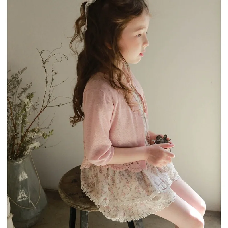 New Summer Baby Girl Coat Cute Long Sleeves Solid Color Round Collar Sunscreen Shirt Lace Cardigan Air Conditioning Shirts