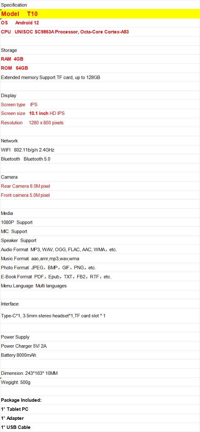 10.1 INCH T10 4GB RAM 64GB ROM Android 12 Tablet PC A6 CPU UNISOC SC9863A Processor, Type-C WIFI Octa-Core Cortex-A53