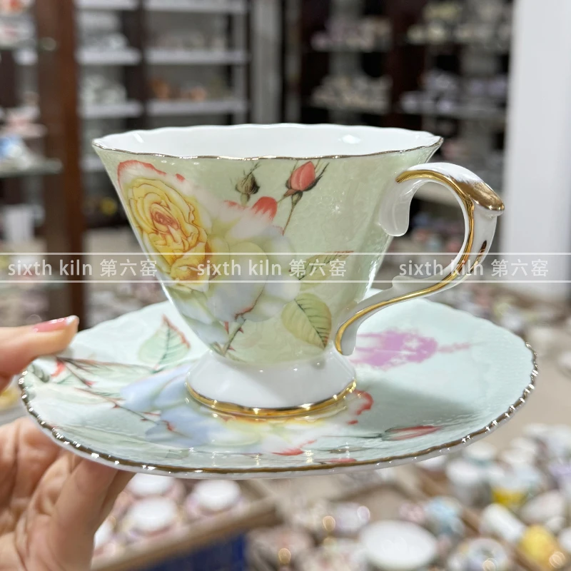 European bone china coffee cup and plate set, goose yellow rose water cup, high-end gift cup and plate set